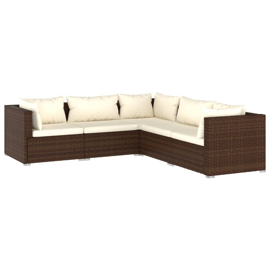 5-Delige Loungeset Met Kussens Poly Rattan Bruin 1 Bruin en crème 2x midden + 3x hoek