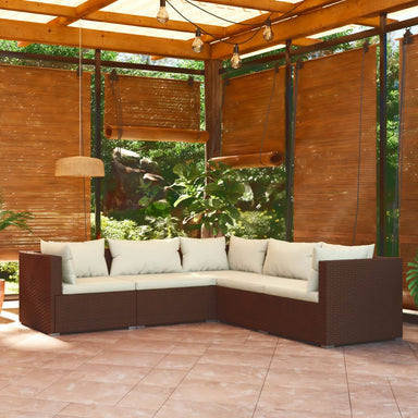 5-Delige Loungeset Met Kussens Poly Rattan Bruin 1 Bruin en crème 2x midden + 3x hoek