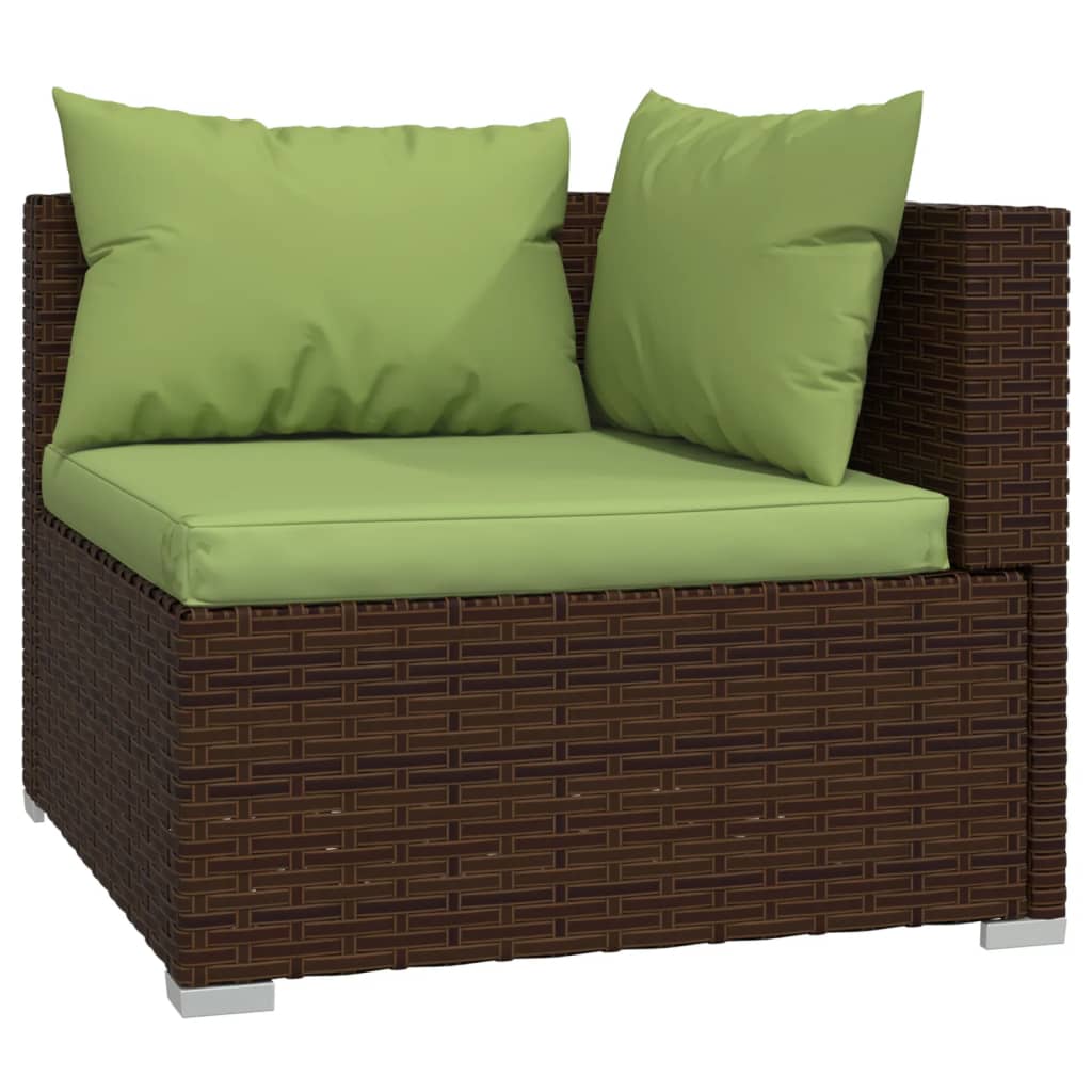 5-Delige Loungeset Met Kussens Poly Rattan Bruin 1 Bruin en groen 2x midden + 3x hoek