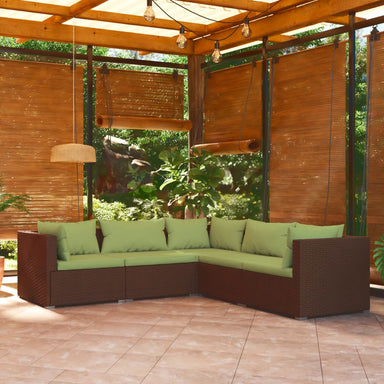 5-Delige Loungeset Met Kussens Poly Rattan Bruin 1 Bruin en groen 2x midden + 3x hoek