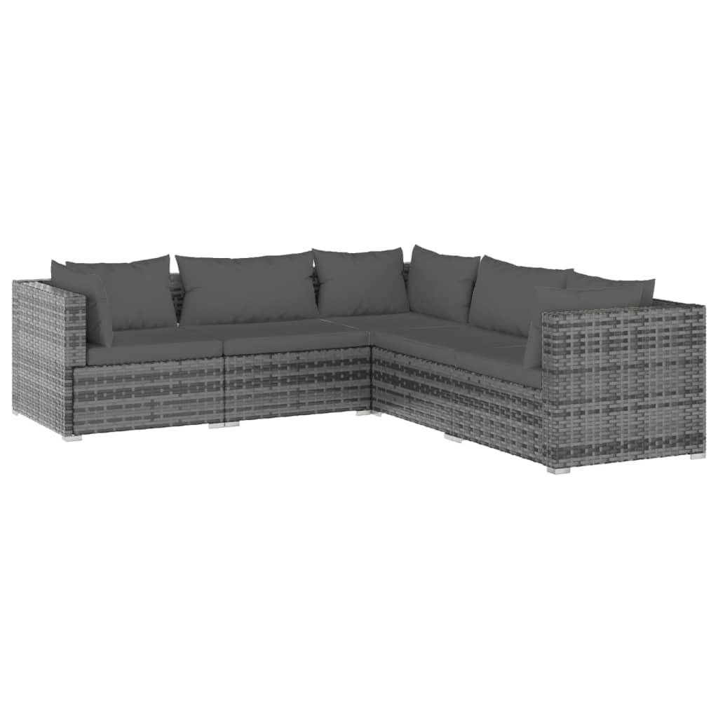 5-Delige Loungeset Met Kussens Poly Rattan Grijs 1 Grijs en antraciet 2x midden + 3x hoek