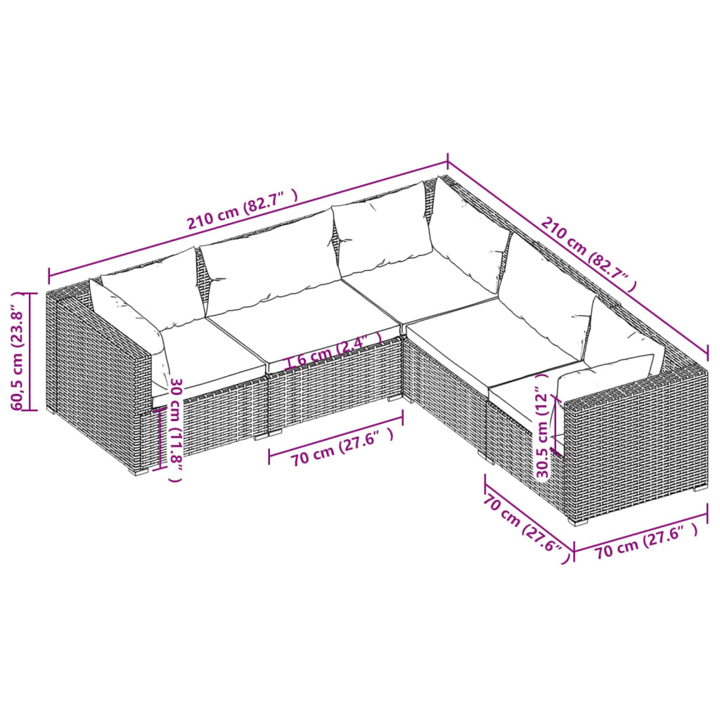 5-Delige Loungeset Met Kussens Poly Rattan Grijs 1 Grijs en antraciet 2x midden + 3x hoek