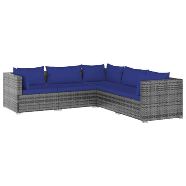 5-Delige Loungeset Met Kussens Poly Rattan Grijs 1 Grijs en donkerblauw 2x midden + 3x hoek