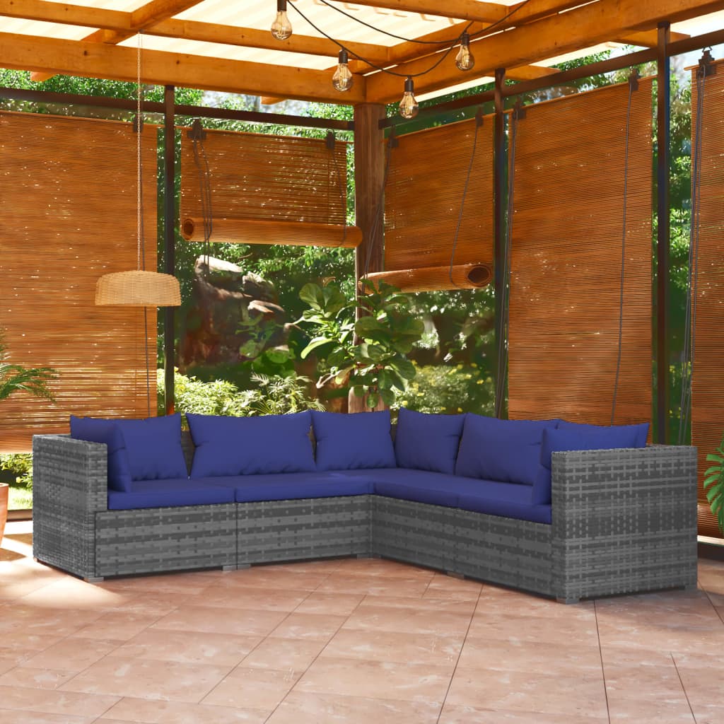 5-Delige Loungeset Met Kussens Poly Rattan Grijs 1 Grijs en donkerblauw 2x midden + 3x hoek