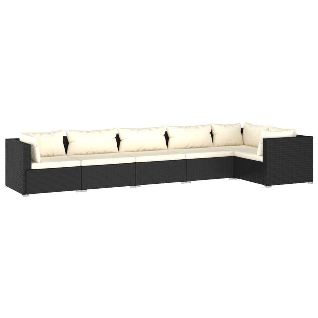 6-Delige Loungeset Met Kussens Poly Rattan Zwart 1 Zwart en crème 3x midden + 3x hoek