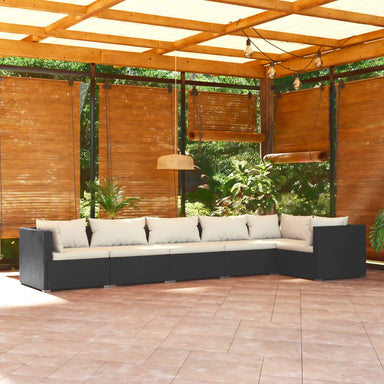 6-Delige Loungeset Met Kussens Poly Rattan Zwart 1 Zwart en crème 3x midden + 3x hoek