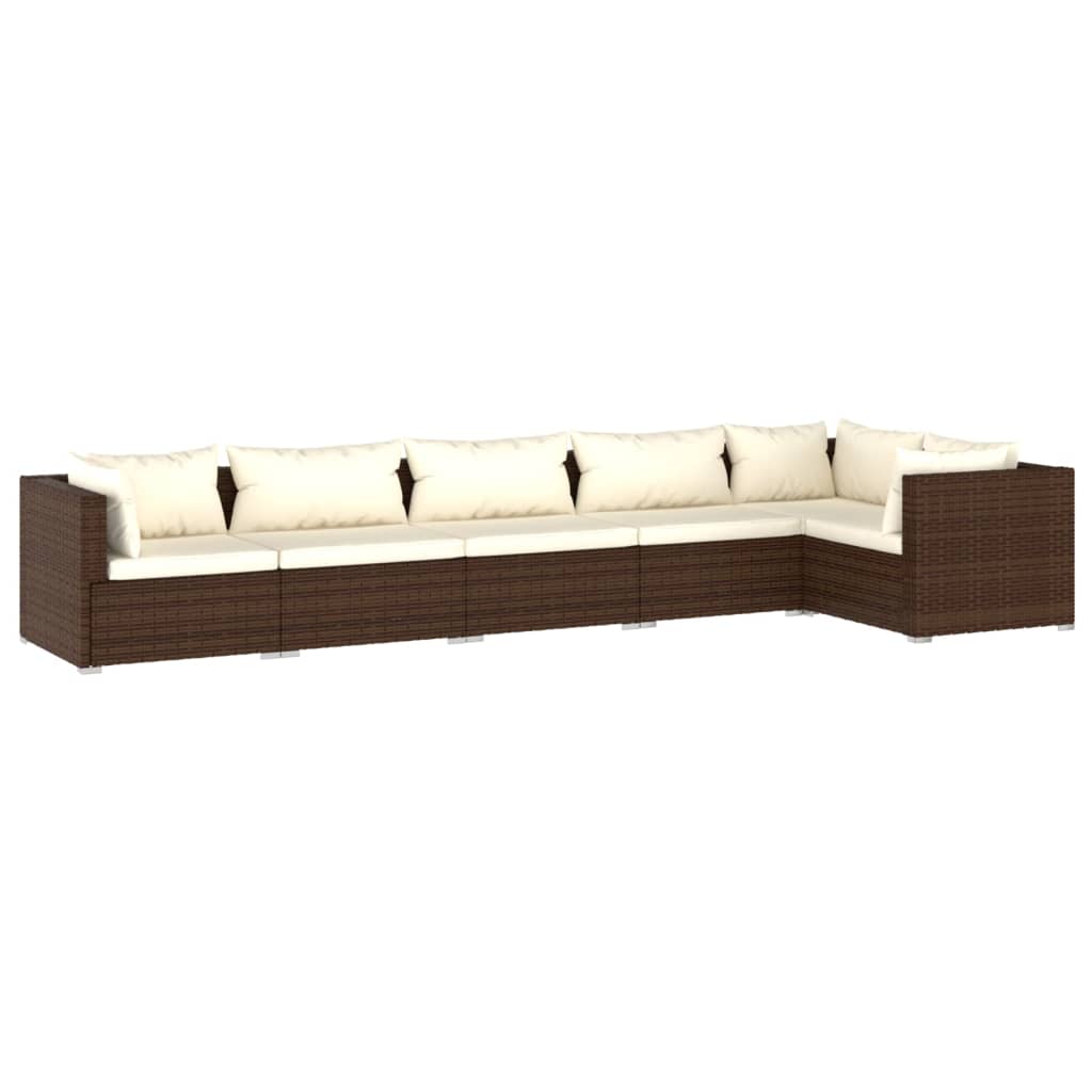 6-Delige Loungeset Met Kussens Poly Rattan Bruin 1 Bruin en crème 3x midden + 3x hoek