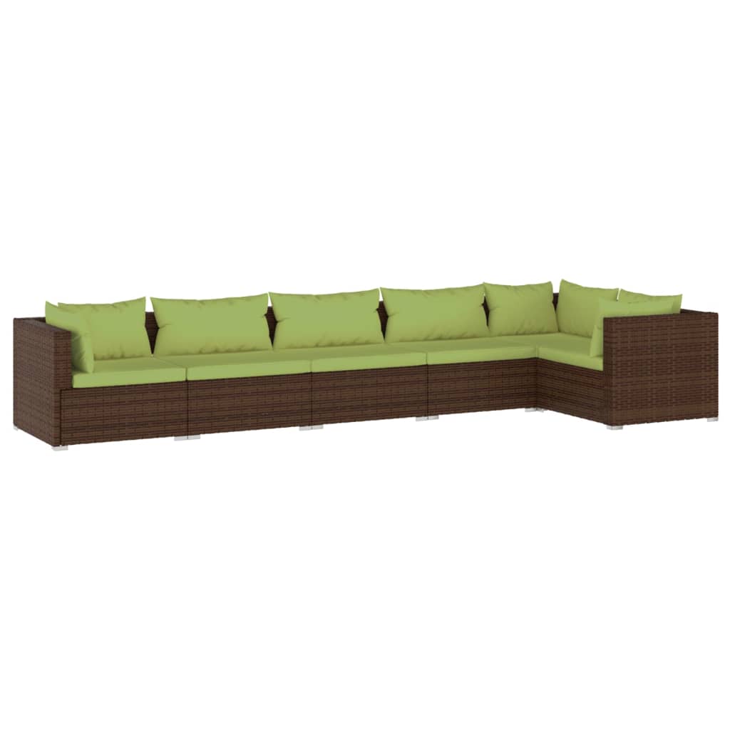 6-Delige Loungeset Met Kussens Poly Rattan Bruin 1 Bruin en groen 3x midden + 3x hoek