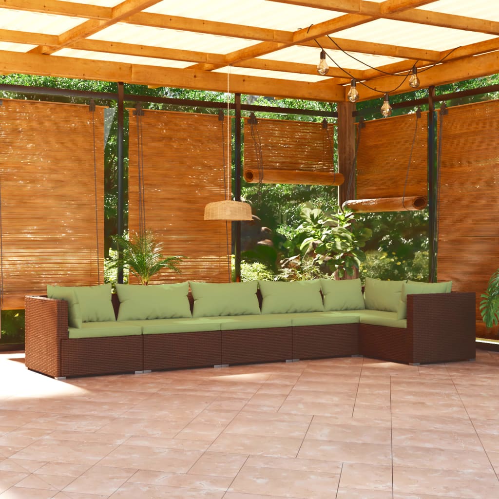 6-Delige Loungeset Met Kussens Poly Rattan Bruin 1 Bruin en groen 3x midden + 3x hoek