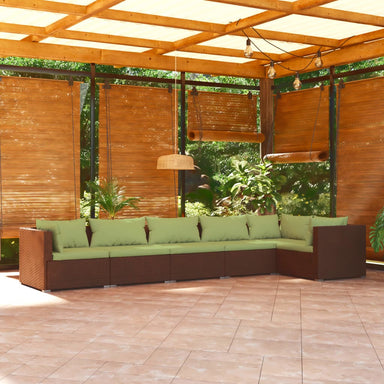 6-Delige Loungeset Met Kussens Poly Rattan Bruin 1 Bruin en groen 3x midden + 3x hoek