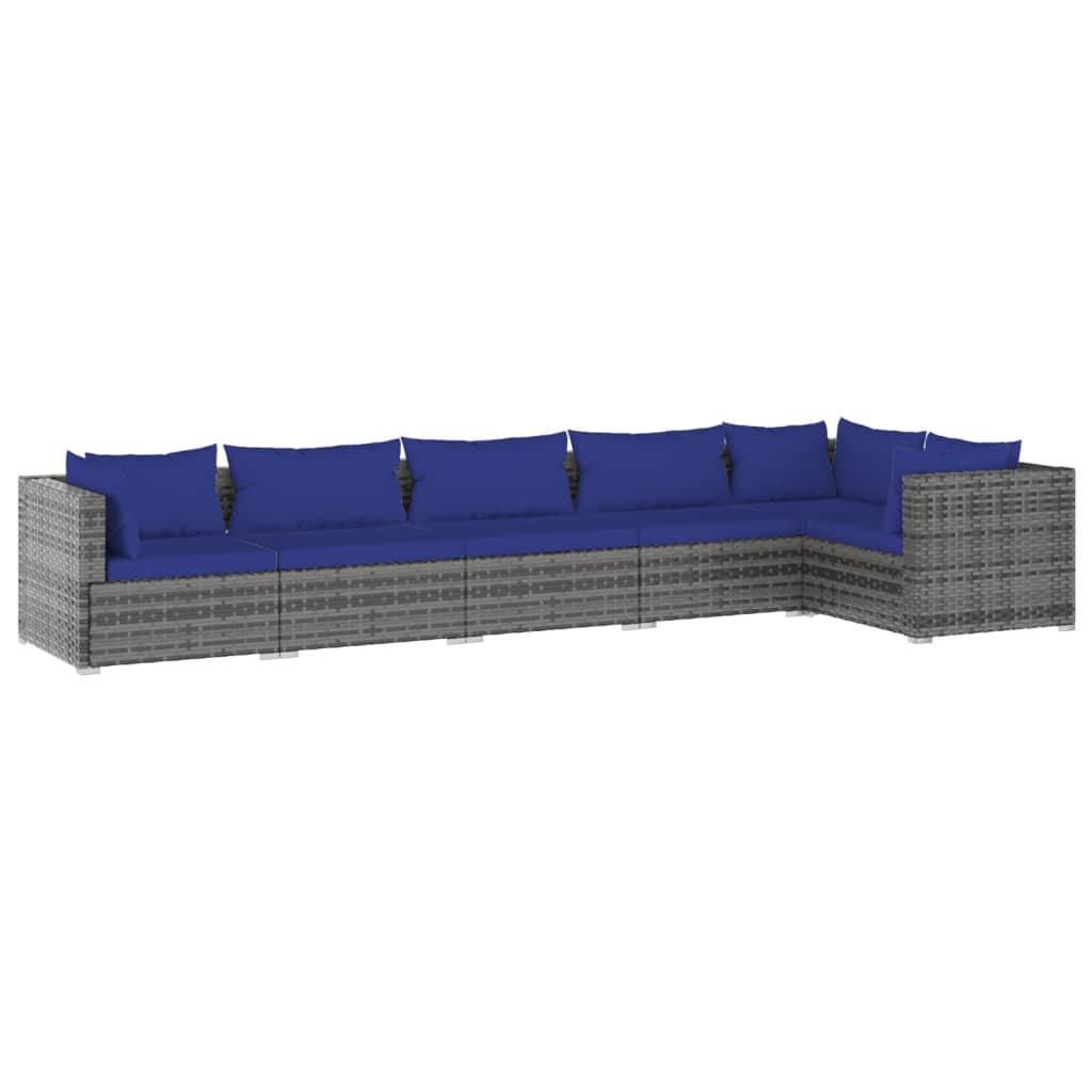6-Delige Loungeset Met Kussens Poly Rattan Grijs 1 Grijs en donkerblauw 3x midden + 3x hoek