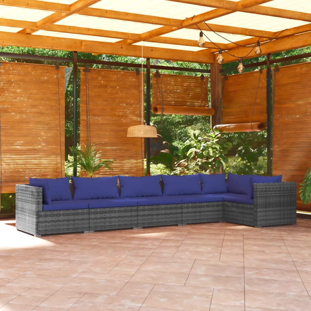 6-Delige Loungeset Met Kussens Poly Rattan Grijs 1 Grijs en donkerblauw 3x midden + 3x hoek