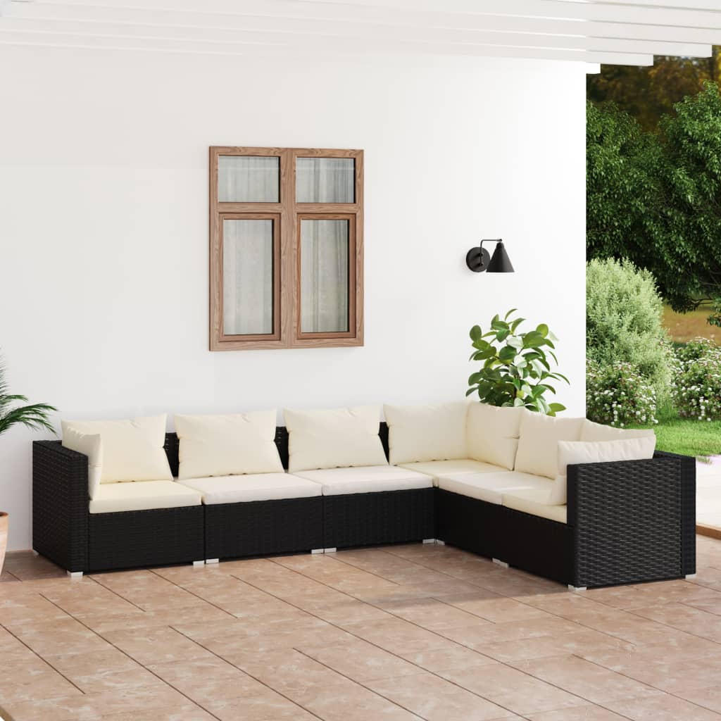6-Delige Loungeset Met Kussens Poly Rattan Zwart 1 Zwart en crème 3x hoek + 3x midden