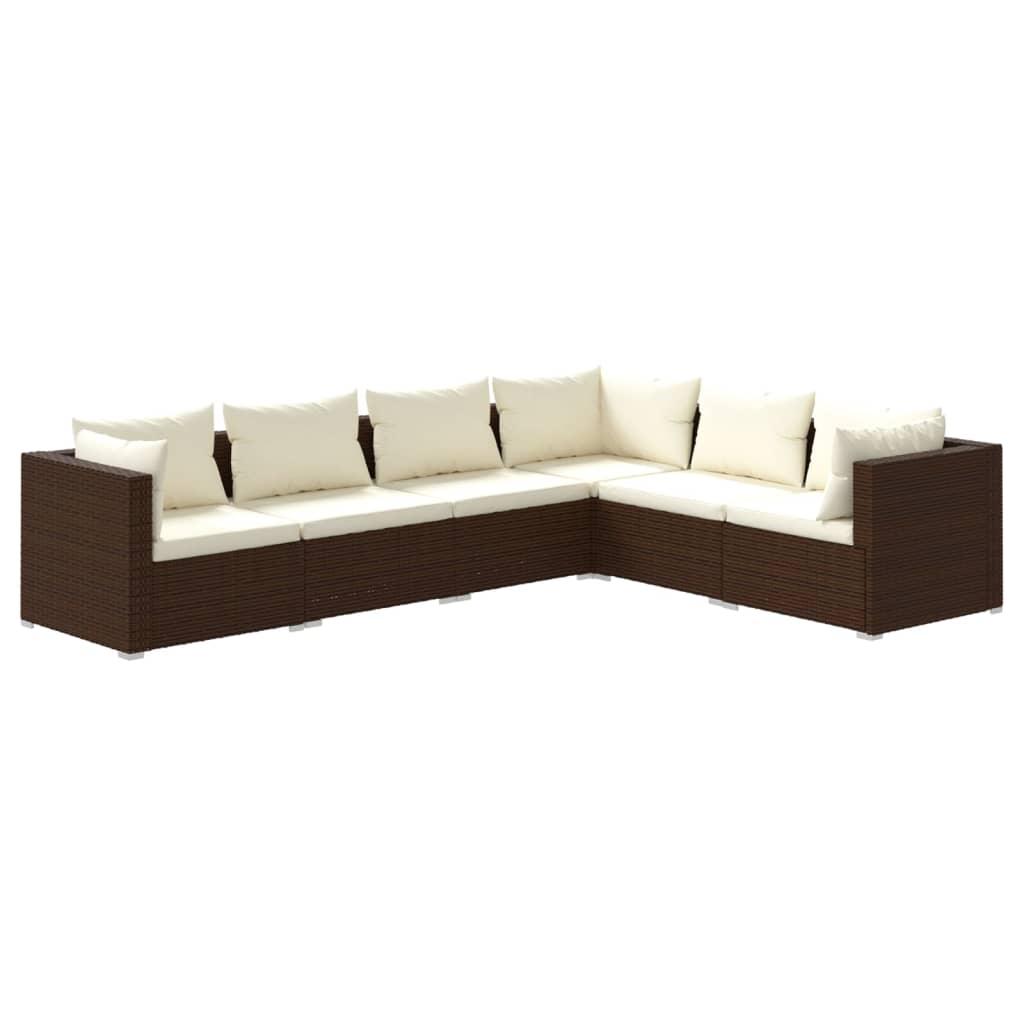 6-Delige Loungeset Met Kussens Poly Rattan Bruin 1 Bruin en crème 3x hoek + 3x midden