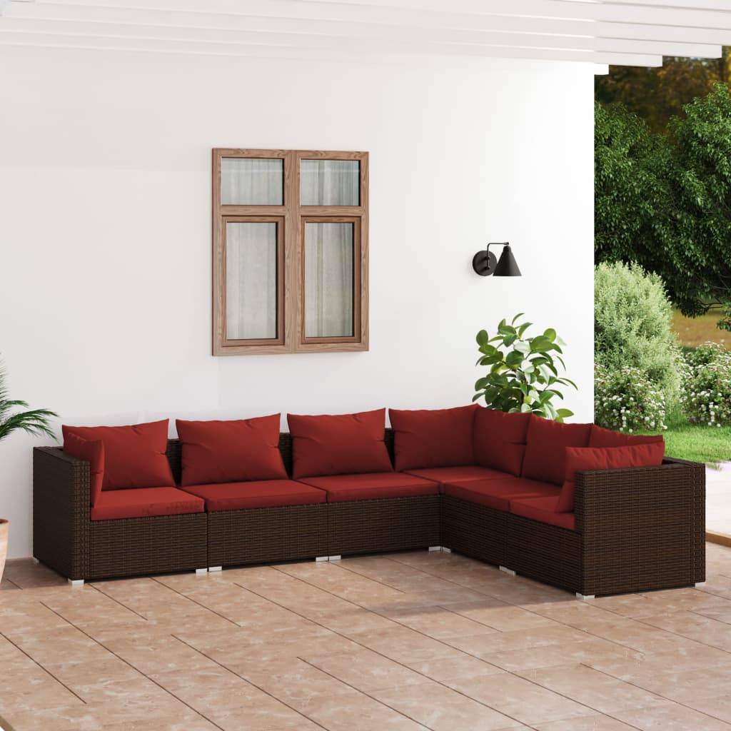 6-delige Loungeset met kussens poly rattan bruin