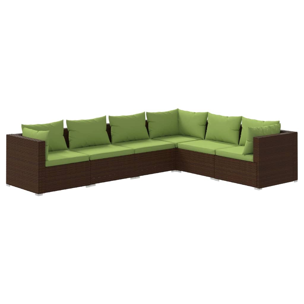 6-Delige Loungeset Met Kussens Poly Rattan Bruin 1 Bruin en groen 3x hoek + 3x midden