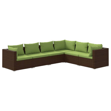 6-Delige Loungeset Met Kussens Poly Rattan Bruin 1 Bruin en groen 3x hoek + 3x midden