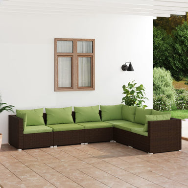 6-Delige Loungeset Met Kussens Poly Rattan Bruin 1 Bruin en groen 3x hoek + 3x midden
