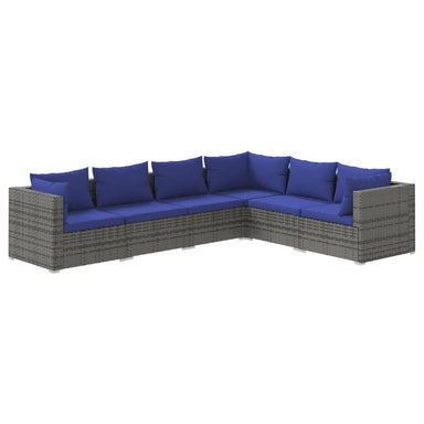 6-Delige Loungeset Met Kussens Poly Rattan Grijs 1 Grijs en donkerblauw 3x hoek + 3x midden