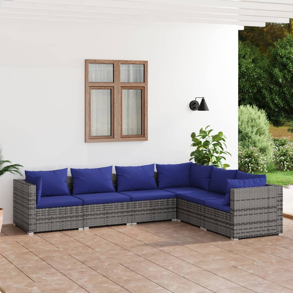 6-Delige Loungeset Met Kussens Poly Rattan Grijs 1 Grijs en donkerblauw 3x hoek + 3x midden