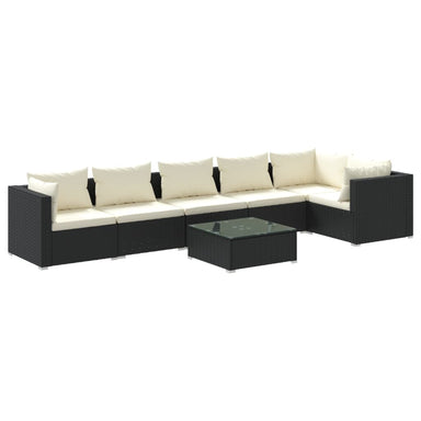 7-delige Loungeset met kussens poly rattan zwart