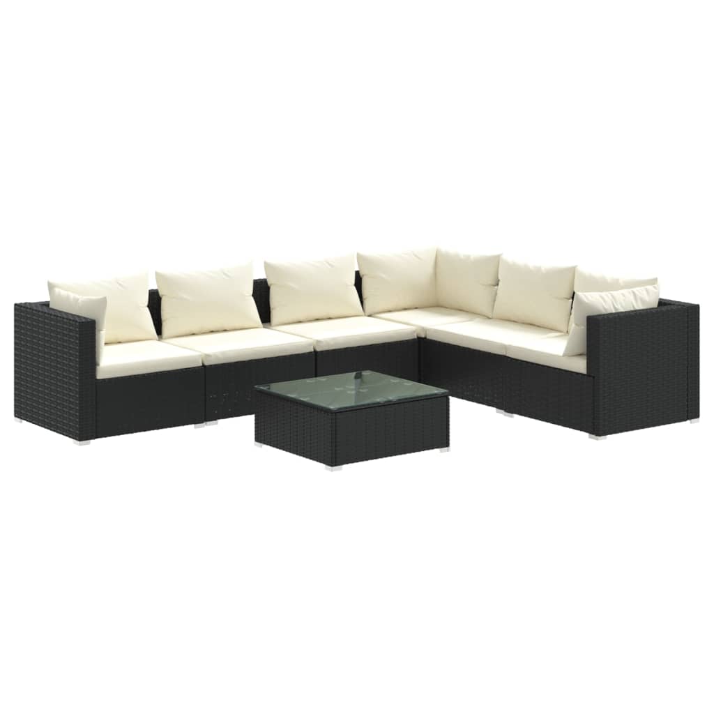 7-delige Loungeset met kussens poly rattan zwart