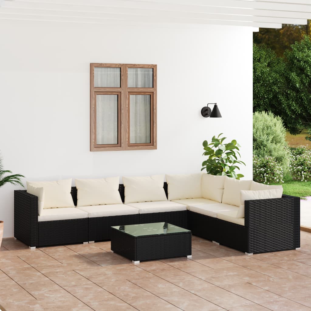 7-delige Loungeset met kussens poly rattan zwart