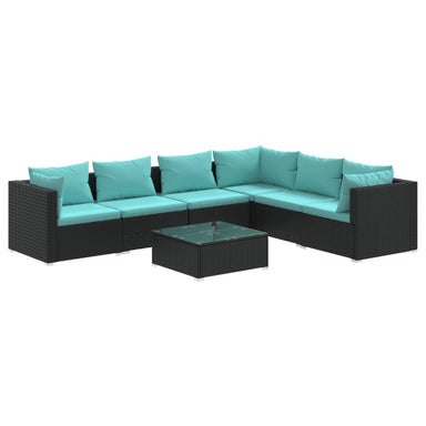 7-delige Loungeset met kussens poly rattan zwart