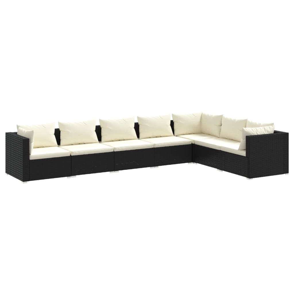 7-Delige Loungeset Met Kussens Poly Rattan Zwart 1 Zwart en crème 3x hoek + 4x midden