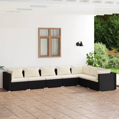 7-Delige Loungeset Met Kussens Poly Rattan Zwart 1 Zwart en crème 3x hoek + 4x midden