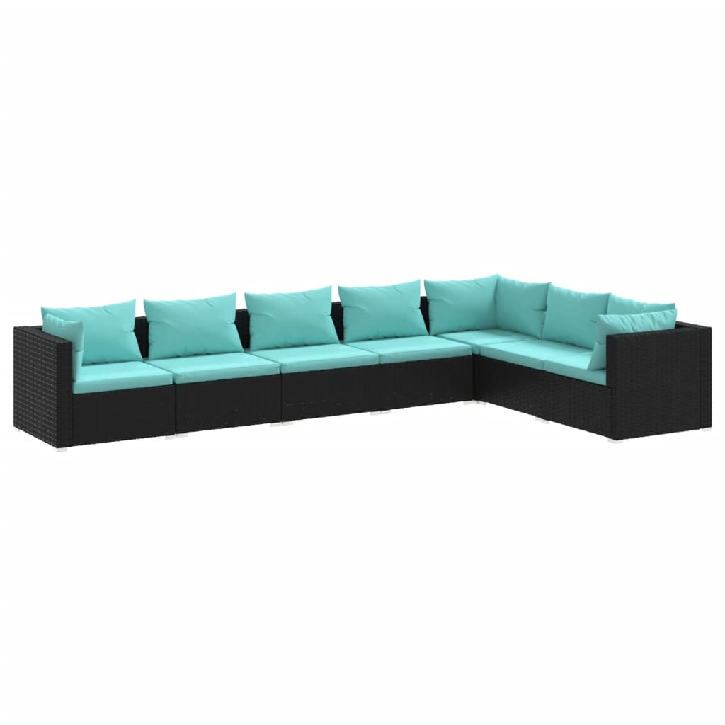 7-Delige Loungeset Met Kussens Poly Rattan Zwart 1 Zwart en waterblauw 3x hoek + 4x midden
