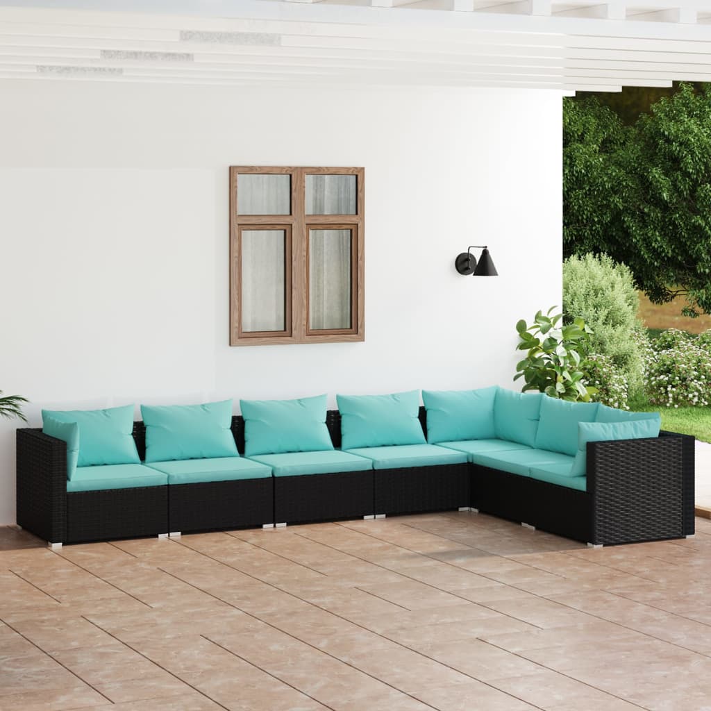 7-Delige Loungeset Met Kussens Poly Rattan Zwart 1 Zwart en waterblauw 3x hoek + 4x midden