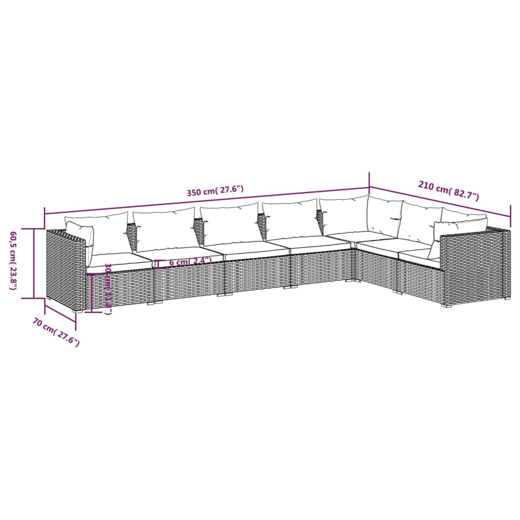 7-delige Loungeset met kussens poly rattan bruin