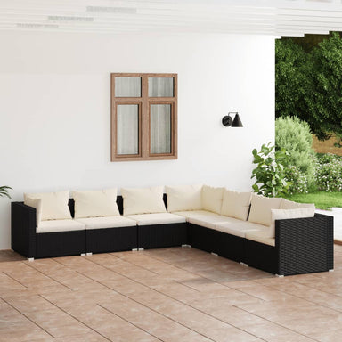 7-Delige Loungeset Met Kussens Poly Rattan Zwart 1 Zwart en crème 4x midden + 3x hoek