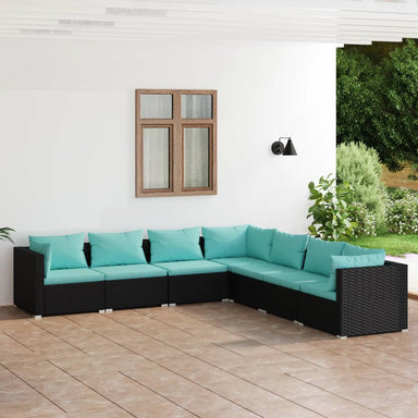 7-Delige Loungeset Met Kussens Poly Rattan Zwart 1 Zwart en waterblauw 4x midden + 3x hoek