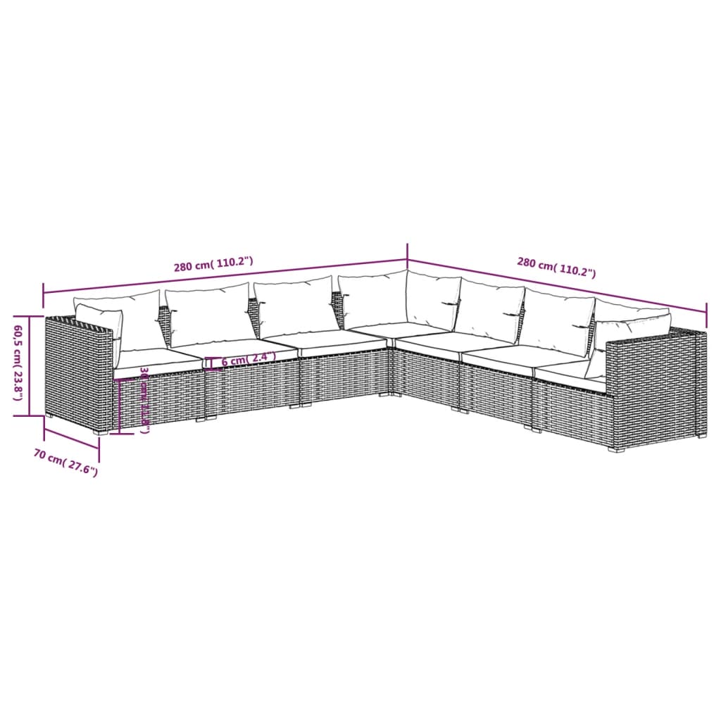 7-delige Loungeset met kussens poly rattan bruin