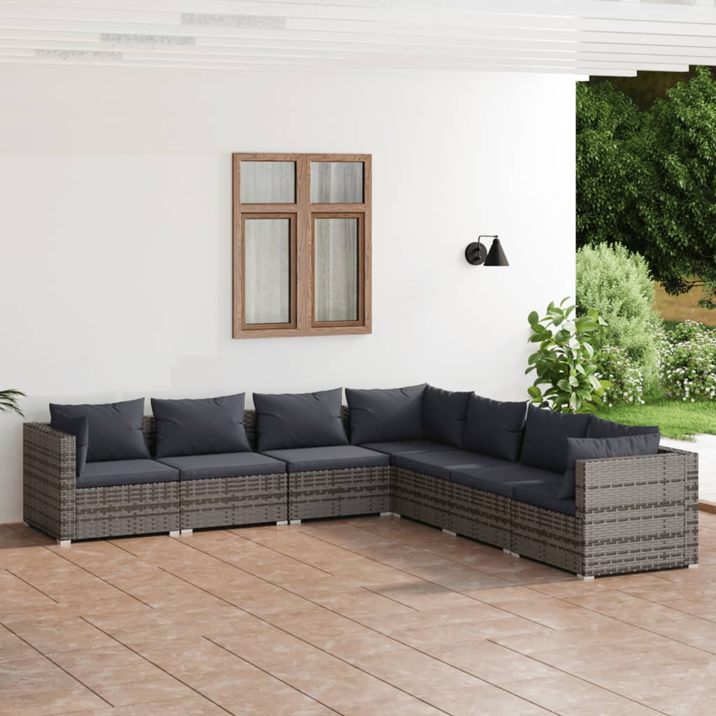 7-Delige Loungeset Met Kussens Poly Rattan Grijs 1 Grijs en antraciet 4x midden + 3x hoek