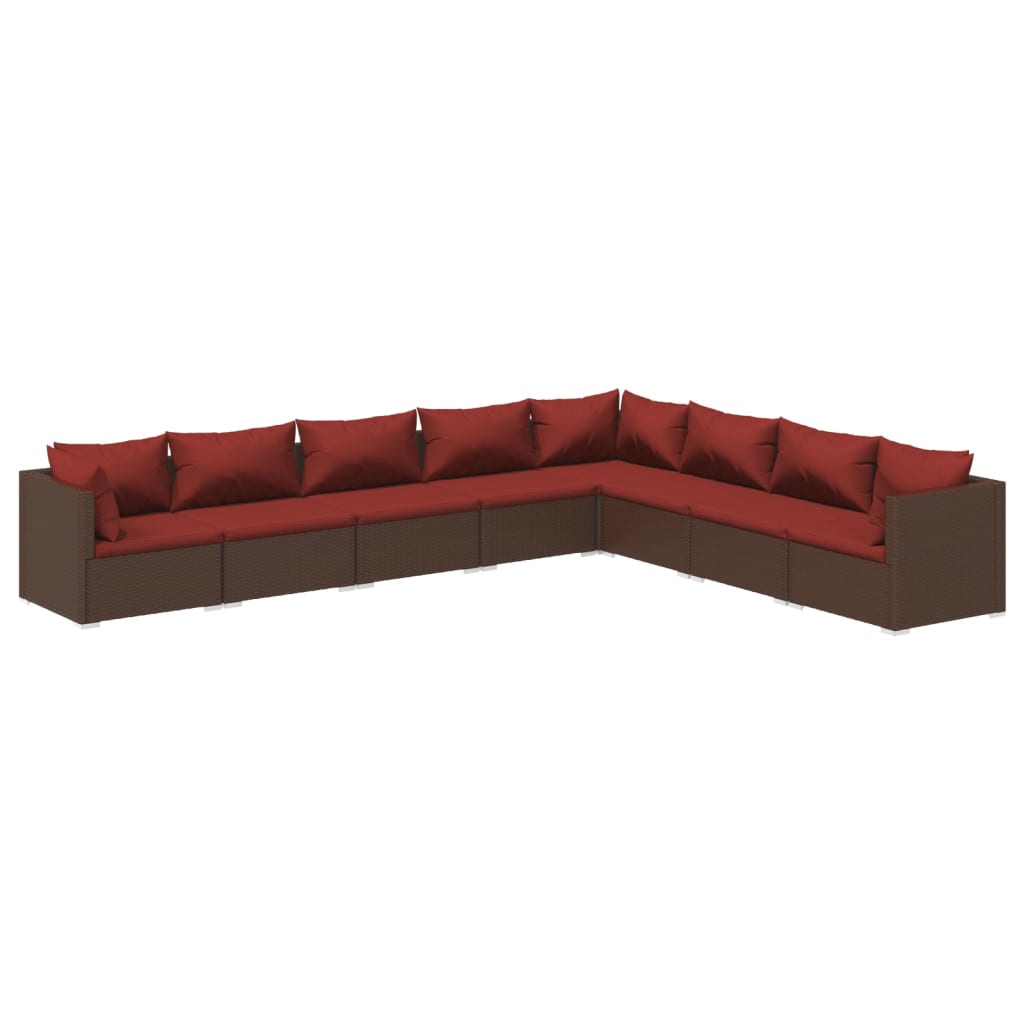 8-delige Loungeset met kussens poly rattan bruin