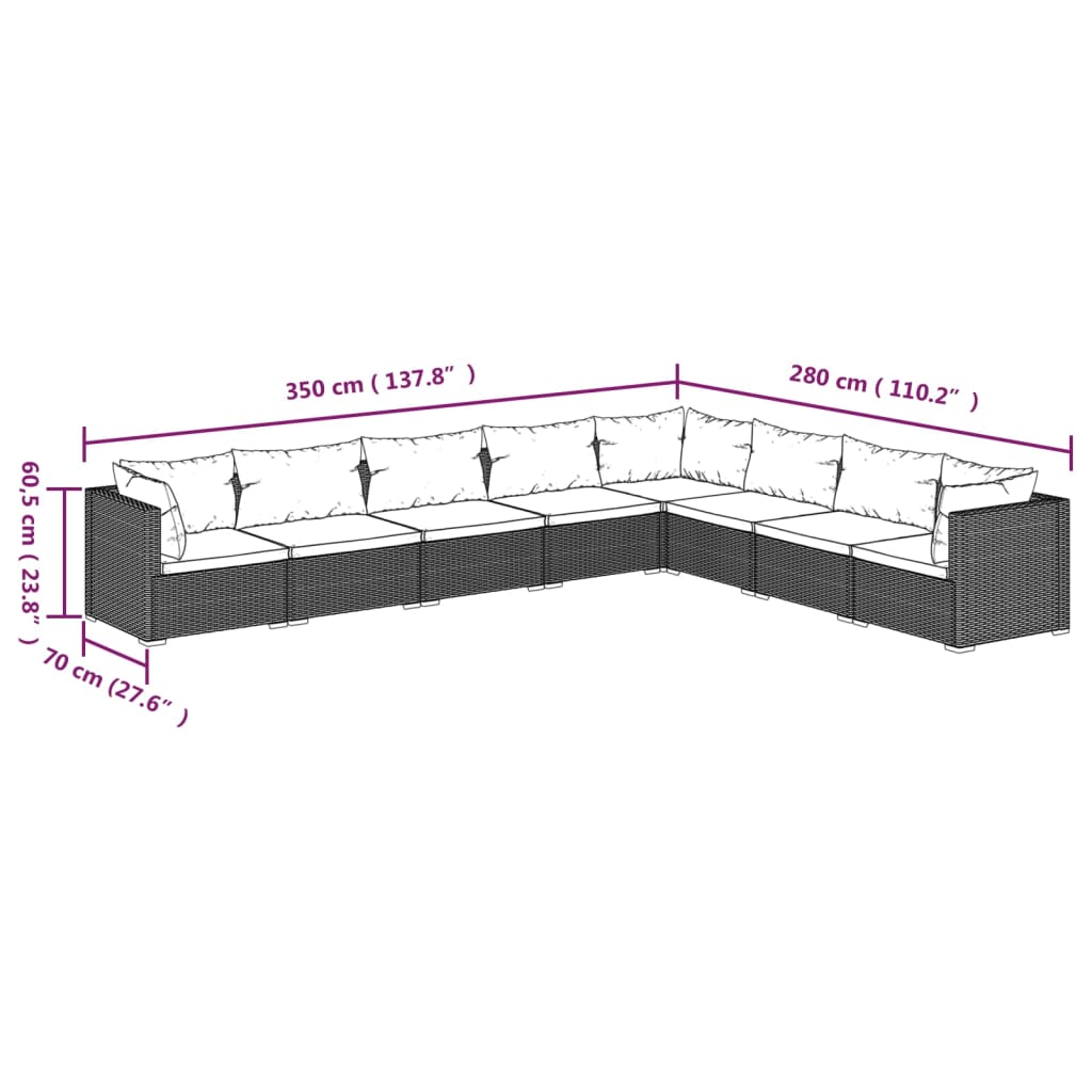8-delige Loungeset met kussens poly rattan bruin