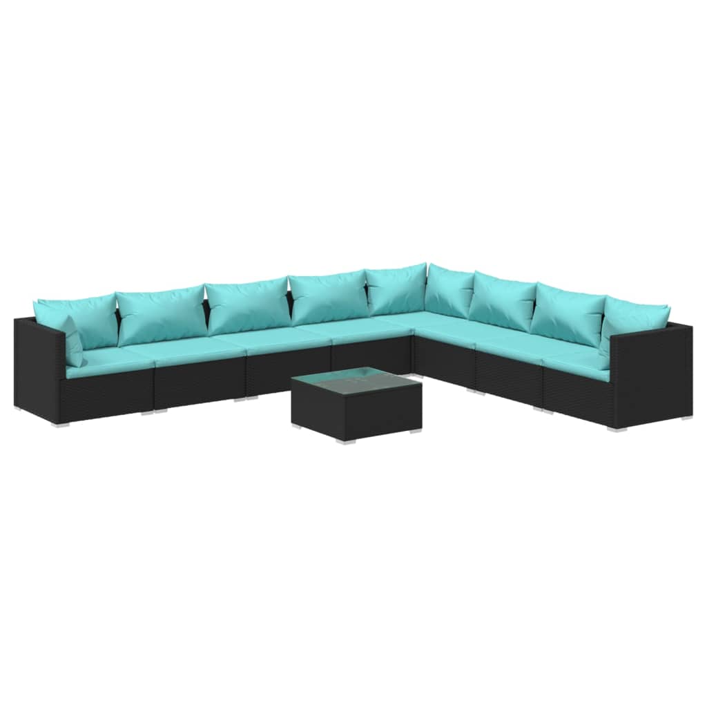 9-delige Loungeset met kussens poly rattan zwart