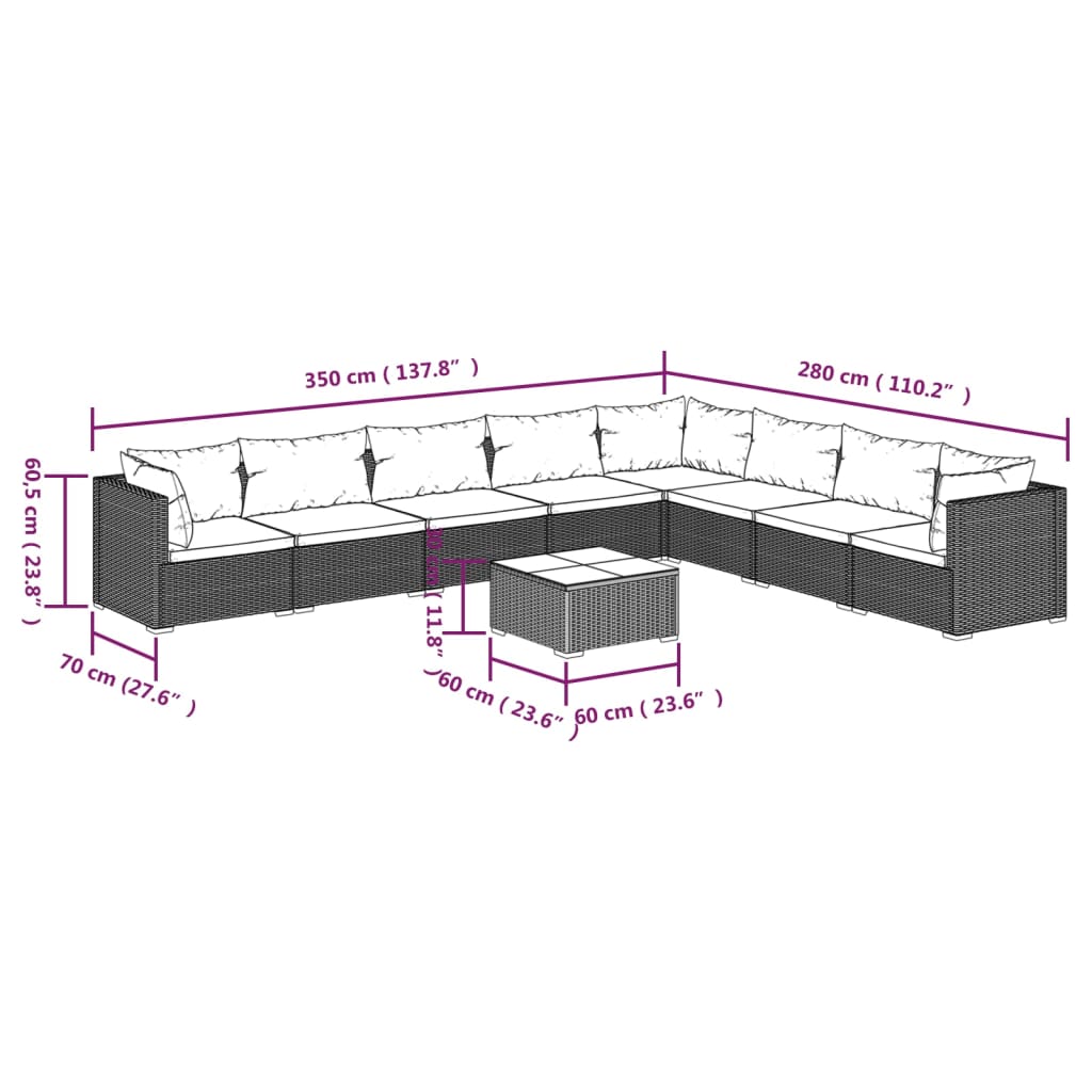 9-delige Loungeset met kussens poly rattan zwart