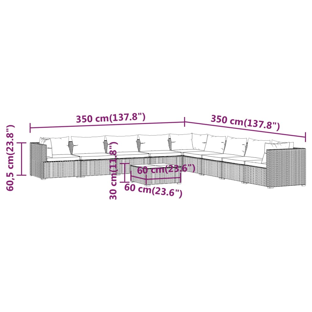 10-delige Loungeset met kussens poly rattan zwart