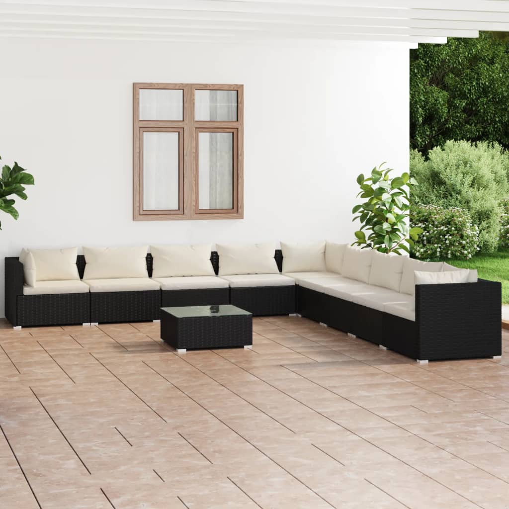 10-delige Loungeset met kussens poly rattan zwart