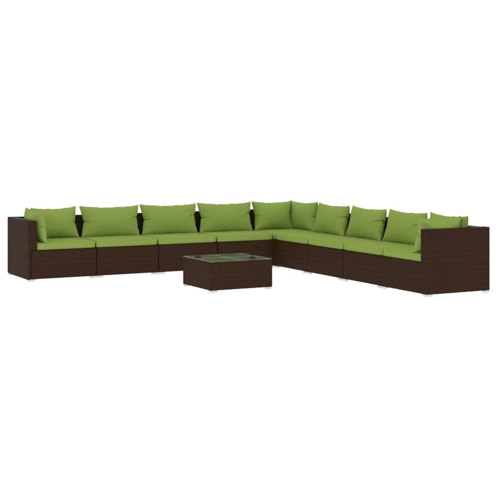 10-delige Loungeset met kussens poly rattan bruin