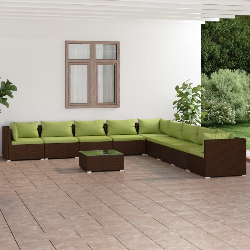 10-delige Loungeset met kussens poly rattan bruin