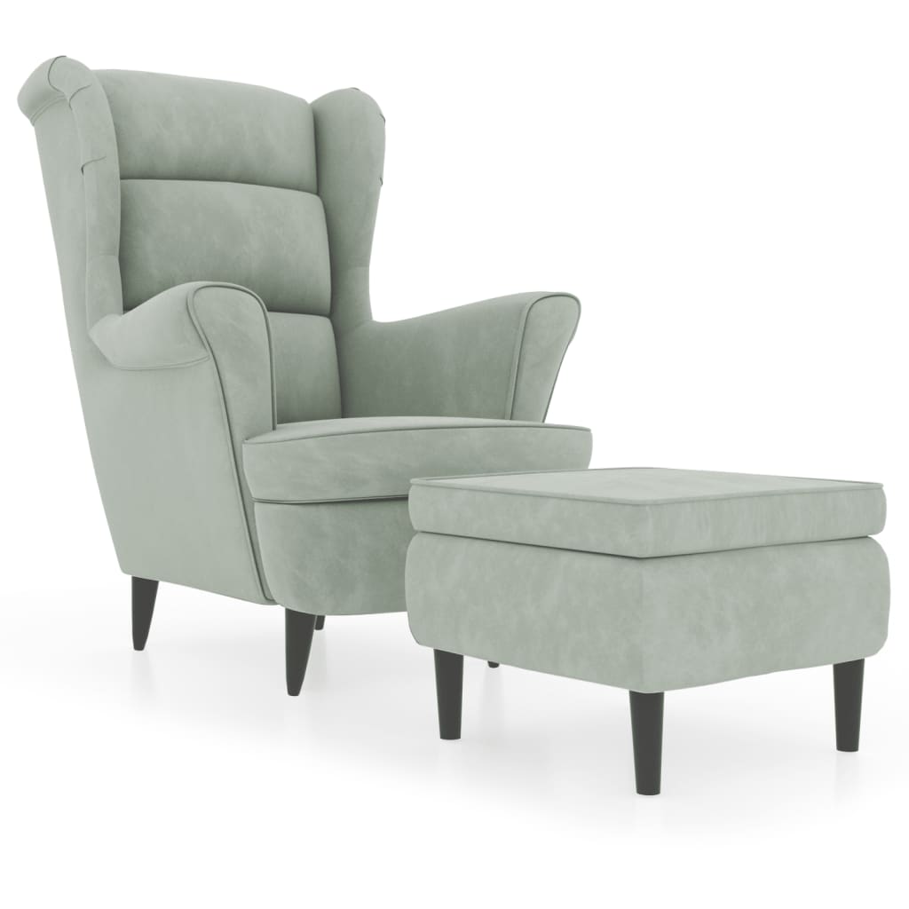 Fauteuil met voetenbank fluweel lichtgrijs