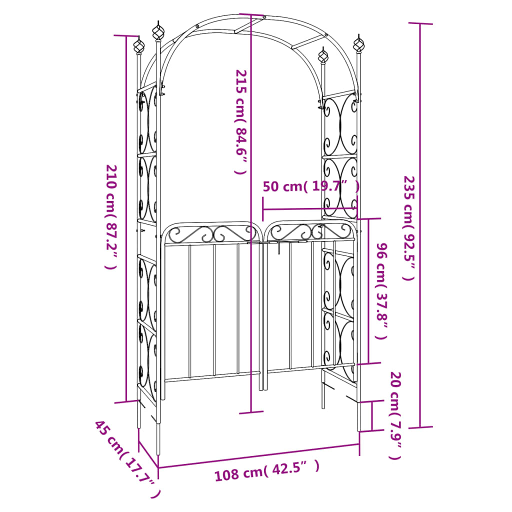 Tuinboog met poort 108x45x235 cm staal zwart