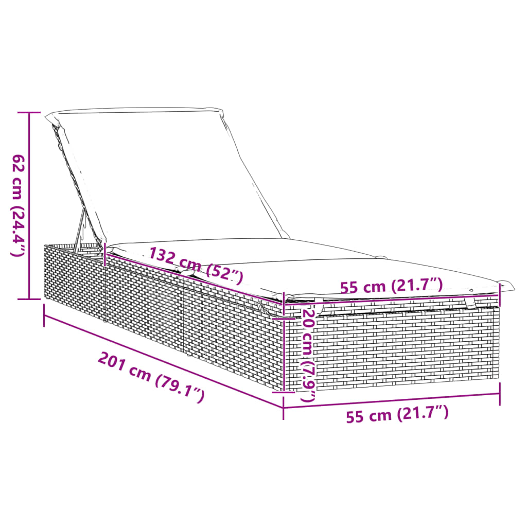 Ligbed met kussen 1 st 201x55x62 cm poly rattan grijs