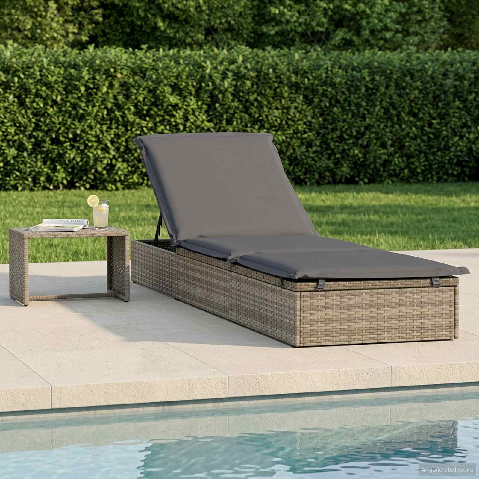 Ligbed met tafel 1 st poly rattan grijs