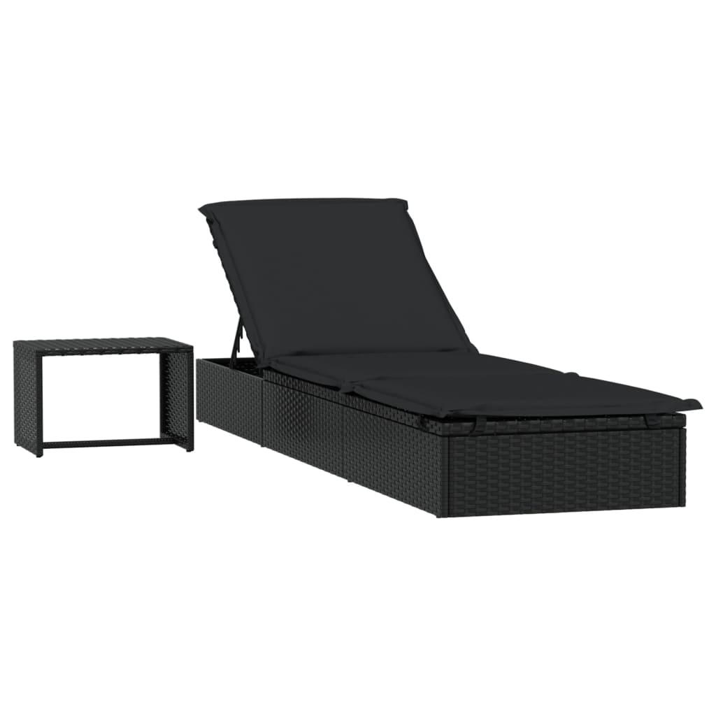 Ligbed met tafel 1 st poly rattan zwart